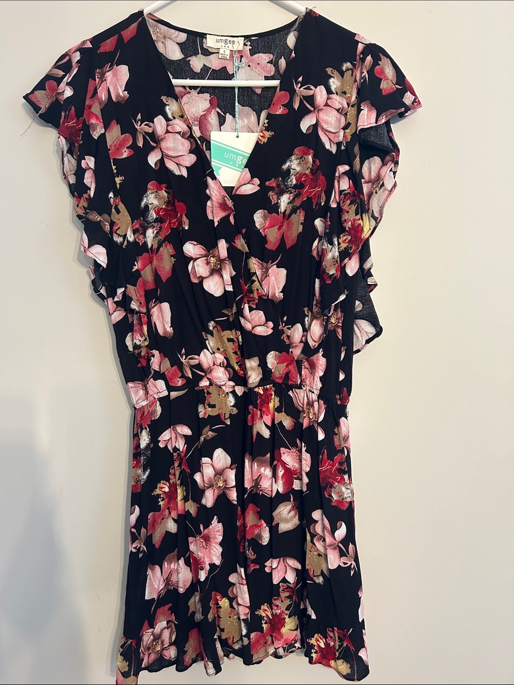 Umgee Black Floral Romper with Pink & Red Blossoms